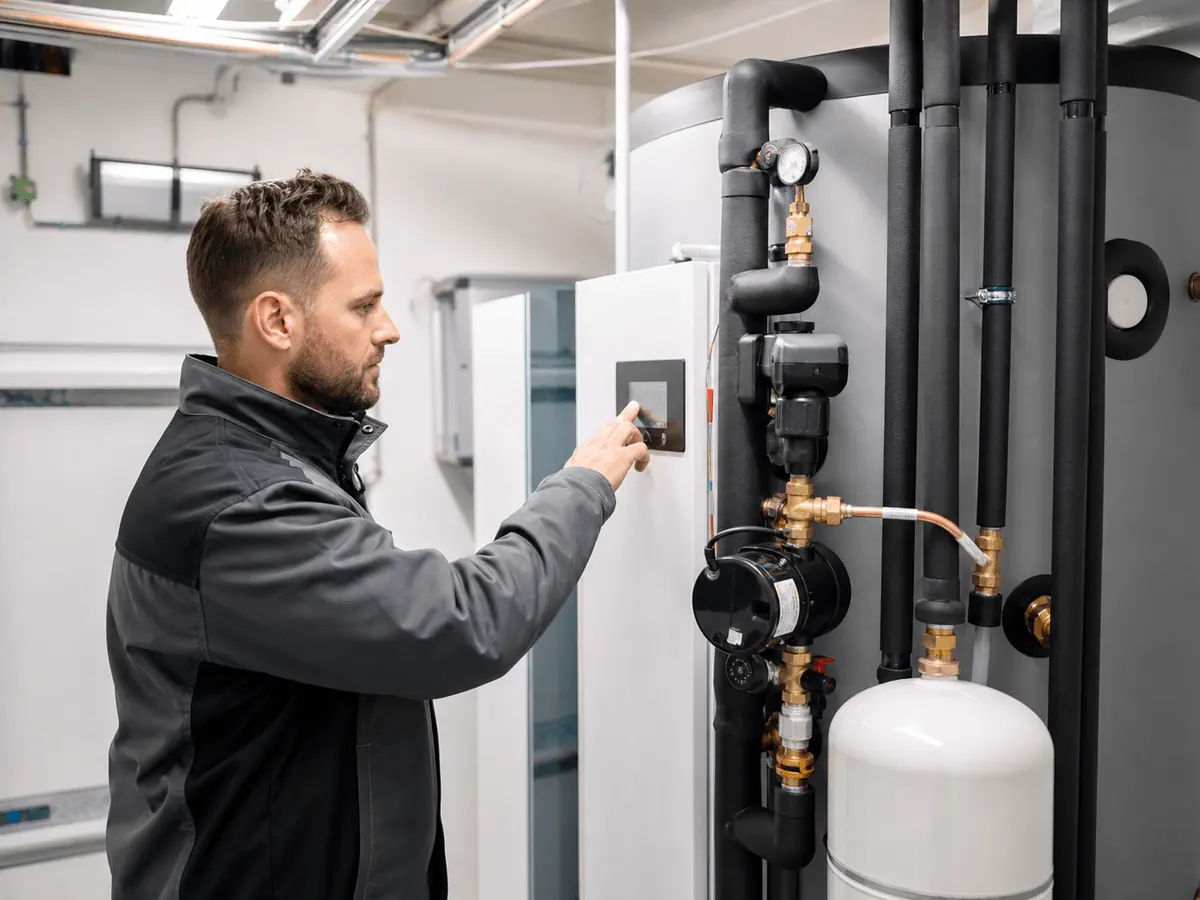 Company project photo: a heat pump transfers ambient heat into the building heating and hot-water system