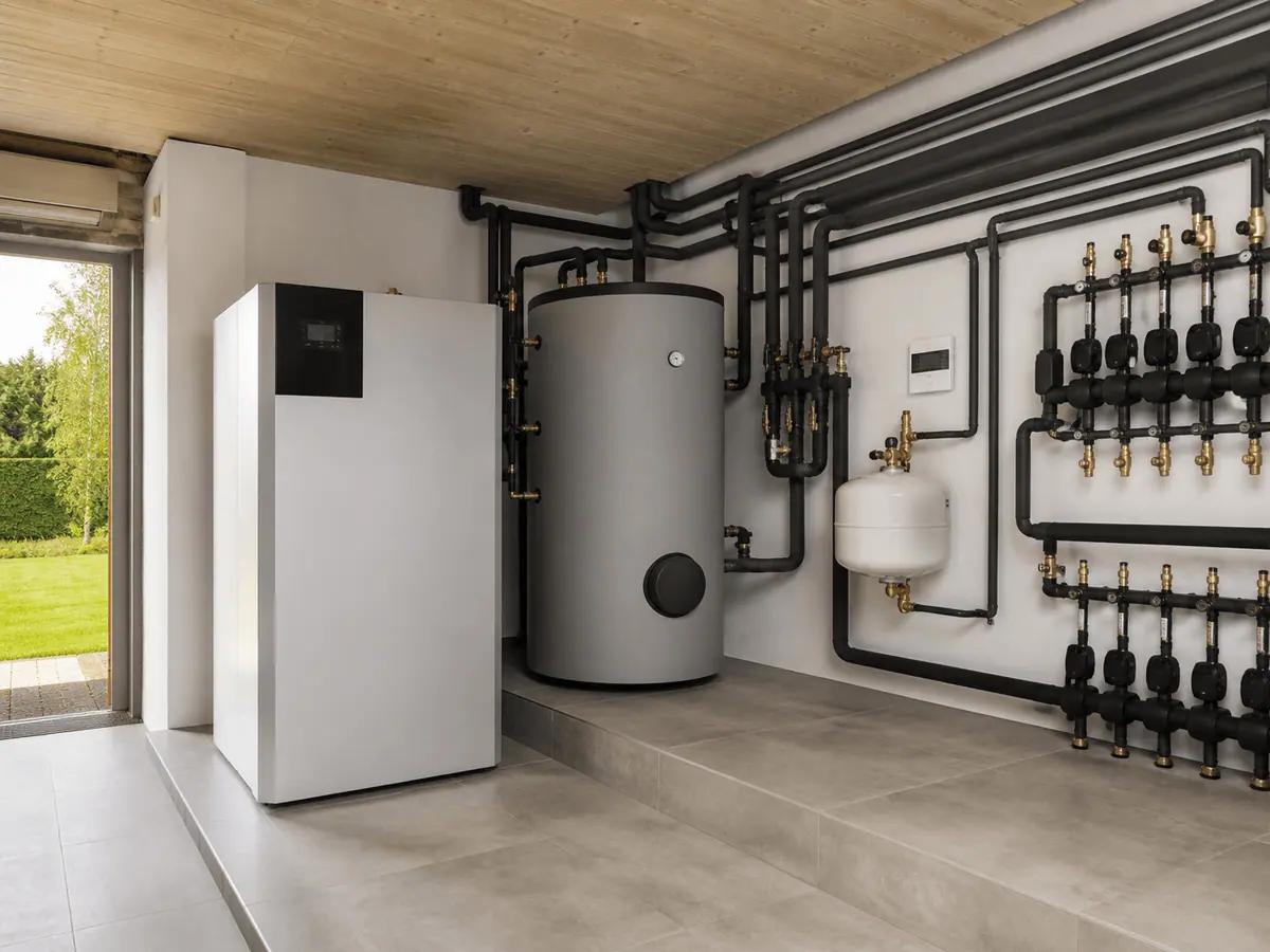 Company project photo: a heat pump transfers ambient heat into the building heating and hot-water system