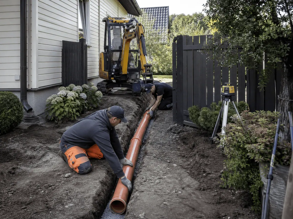 Company project photo: external sewerage connects the building outlet to a biological treatment unit, holding tank or public sewer